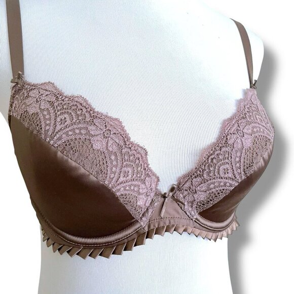 Simone Perele 34C Bra Mink Brown Satin Lace Adelaide Push Up Underwire 136340 - Picture 2 of 7
